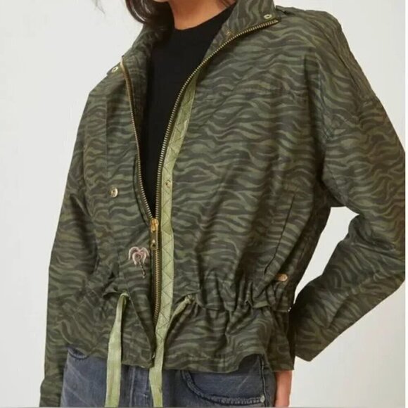 Scotch & Soda Loose Fit Jacket Striped Tiger Animal Print Khaki Green Size Large - Picture 1 of 13